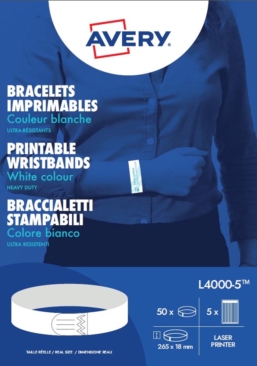 Avery bedrukbare polsbandjes | ft 18 x 265 mm | wit | pak van 50 etiketten